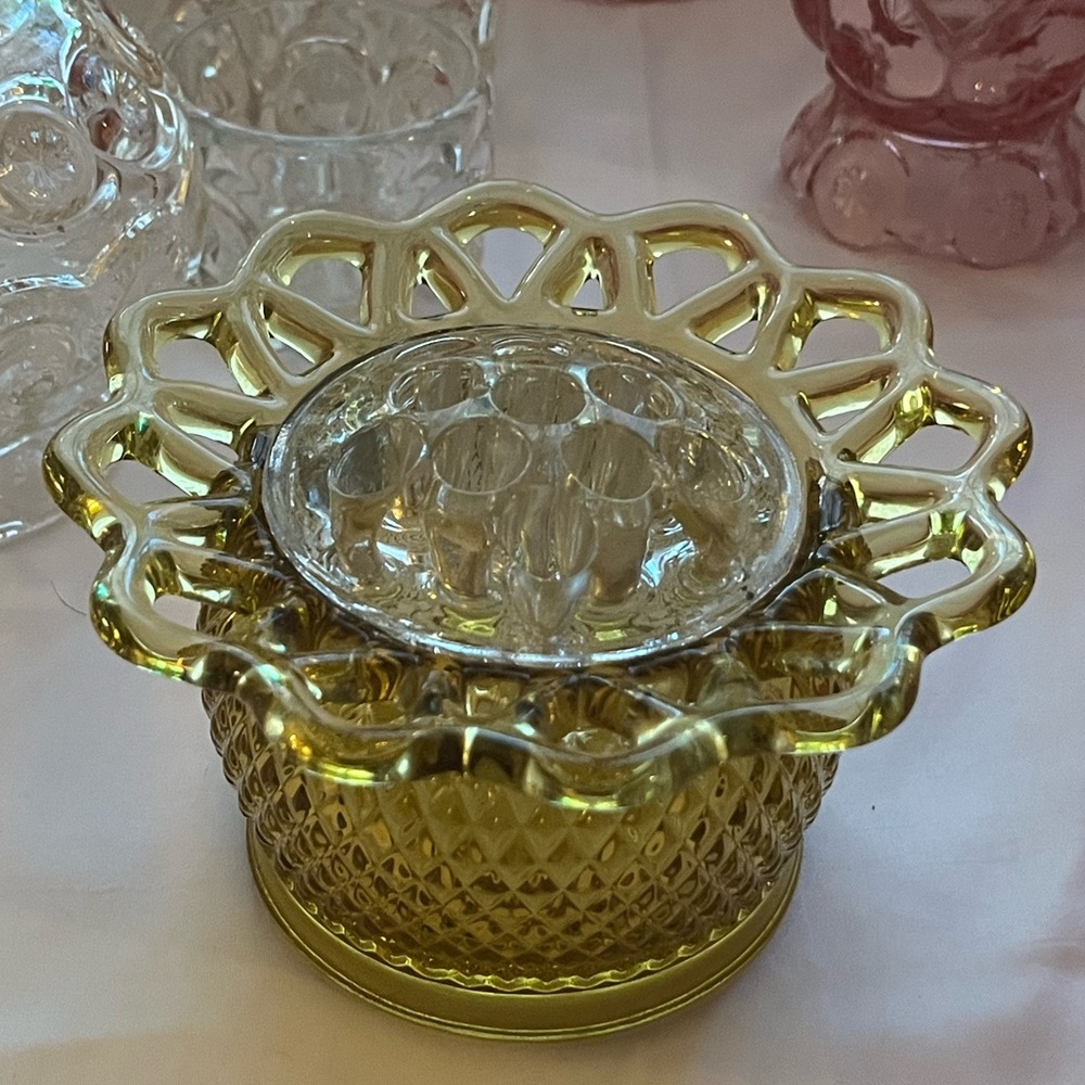 Vintage Imperial Glass Lace Rimmed Diamond Point Rose Bowl with Flower Frog